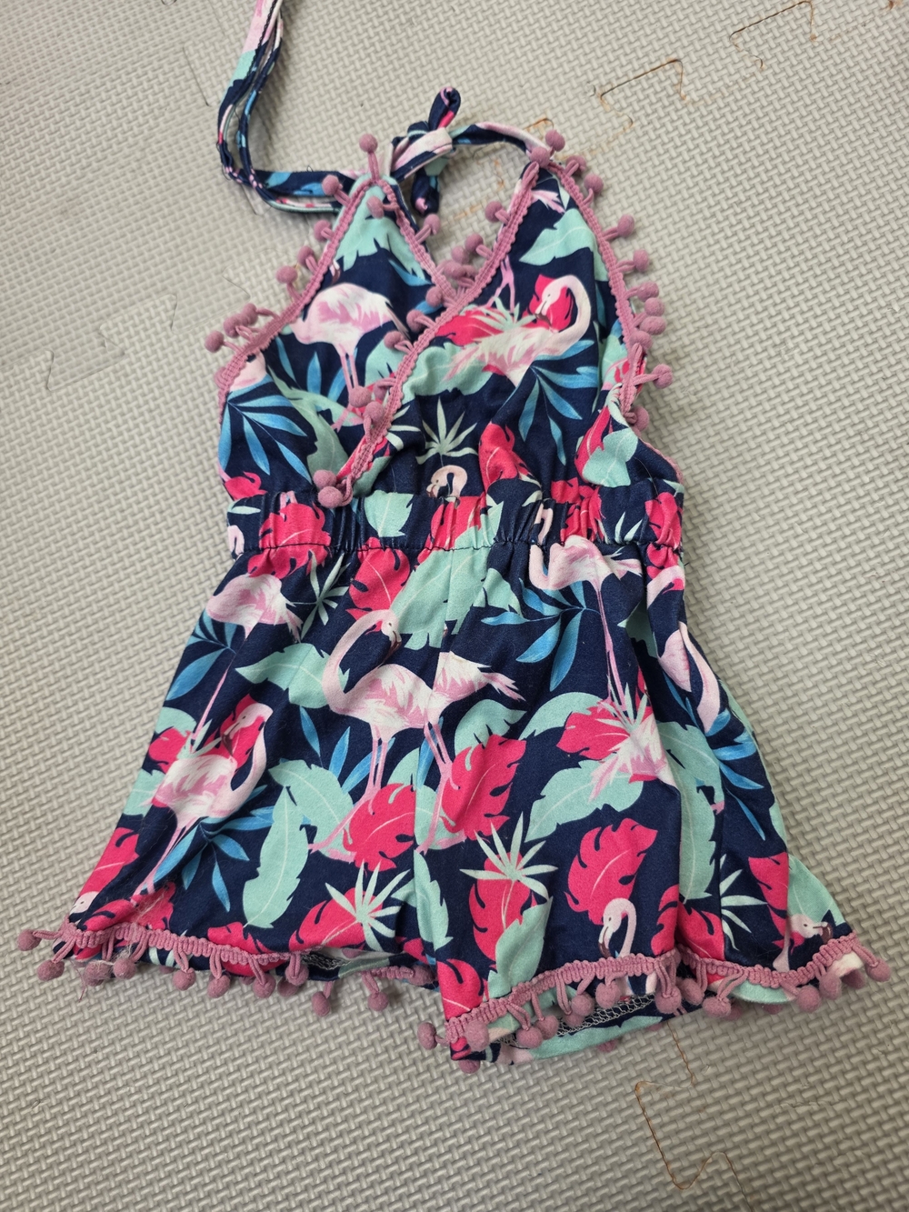 Navy Flamingo Pom-Trim Halter Romper for Kids